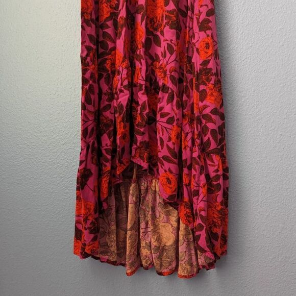 Abel the Label Dress Hi/Low Smocked Flutter Sleeve Red Pink Black Floral XSmall - Picture 9 of 11